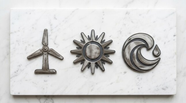 A wind turbine, sun, and wave sculpture on a marble slab indoors.