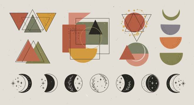 Boho Geometric Moon Phases and Abstract Shapes Set