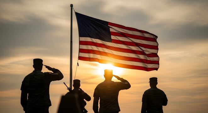 People raising american flag at sunset silhouette