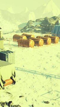 A research station sits in a snowy landscape. Storage tanks are arranged in a row. Mountains rise in the background under a clear sky. The cold weather is evident in the surroundings.