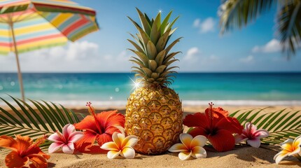 Obraz premium A ripe pineapple surrounded by vibrant tropical flowers on a sandy beach with a colorful umbrella and blue ocean background.