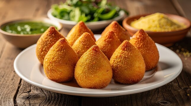 Golden, crispy Brazilian coxinhas arranged on a white plate with green sauce, salad, and cornmeal in the background on a rustic wooden table.