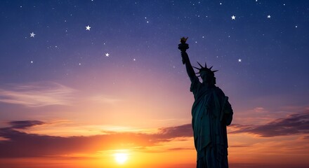 Fototapeta premium Silhouette of person raising arms under starry sky at sunset