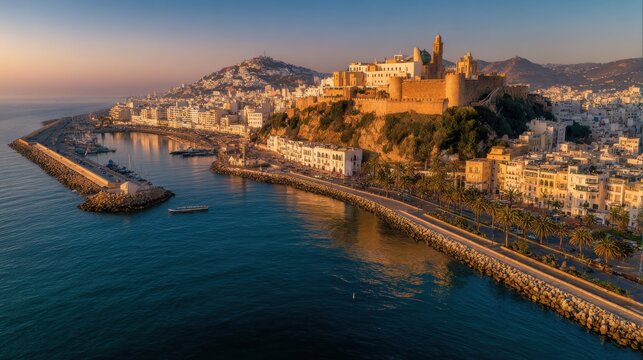 A cinematic aerial shot of Oran&rsquo;s coastline at sunset. The golden light glimmers on the Mediterranean, casting reflections off domed rooftops and whitewashed buildings
