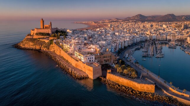 A cinematic aerial shot of Oran&rsquo;s coastline at sunset. The golden light glimmers on the Mediterranean, casting reflections off domed rooftops and whitewashed buildings
