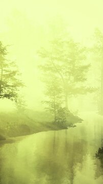 A river flows through a forest covered in mist during early morning. Trees stand tall on both sides of the water. The atmosphere feels fresh and bright as nature awakens.