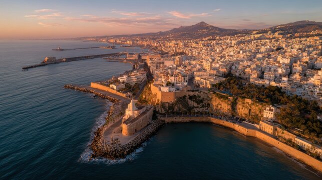 A cinematic aerial shot of Oran&rsquo;s coastline at sunset. The golden light glimmers on the Mediterranean, casting reflections off domed rooftops and whitewashed buildings
