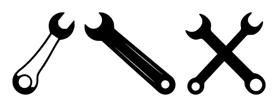 Server maintenance wrench icon set with solid black icon on white background featuring server, wrench, icon with technology and IT