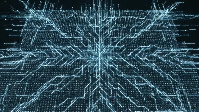 Glowing blue digital circuit pattern with futuristic technology design showcasing abstract data network and electric energy beams illuminating glowing blue circuit board network