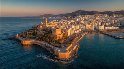 Fototapeta premium A cinematic aerial shot of Oran’s coastline at sunset. The golden light glimmers on the Mediterranean, casting reflections off domed rooftops and whitewashed buildings 