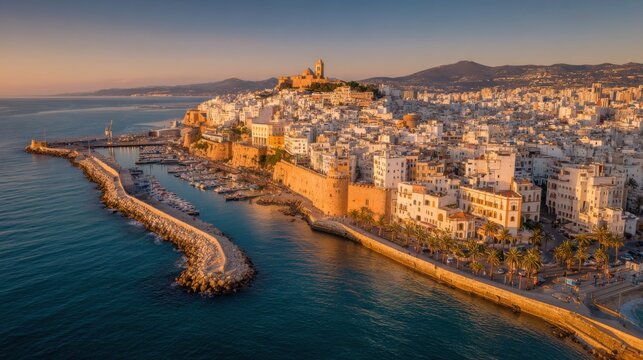 A cinematic aerial shot of Oran&rsquo;s coastline at sunset. The golden light glimmers on the Mediterranean, casting reflections off domed rooftops and whitewashed buildings
