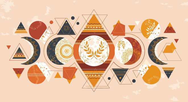 Boho Moon Phases and Geometric Sacred Geometry Illustration