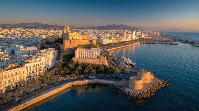 A cinematic aerial shot of Oran&rsquo;s coastline at sunset. The golden light glimmers on the Mediterranean, casting reflections off domed rooftops and whitewashed buildings
