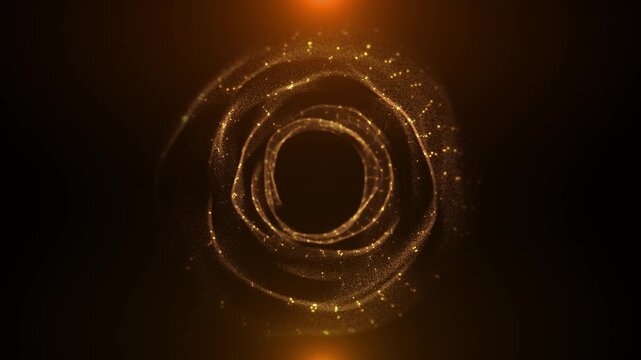 animated elegant Christmas background swirling vortex of glowing golden glitter and sparkling circle with copy space and golden sparkling star particles and snowflakes on black background