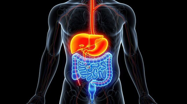 Digital illustration of the human digestive system highlighting the liver, stomach, intestines, and colon within a transparent torso.