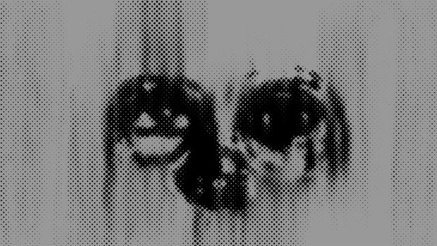 Dark abstract background with a creepy distorted face and halftone textures. Eerie horror aesthetic for modern edgy designs featuring grainy elements and mysterious urban street art style.