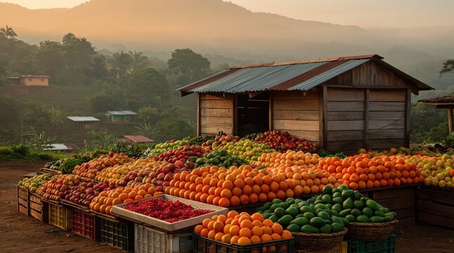 Rustic roadside fruit stand displays vibrant mangoes, oranges, and other fresh produce against misty mountain backdrop at sunrise. High quality photo
