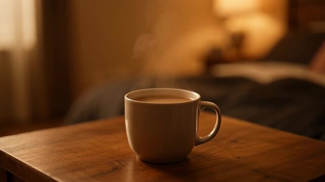Steaming hot beverage in a mug on a wooden nightstand. Cozy bedroom setting for optimal rest.