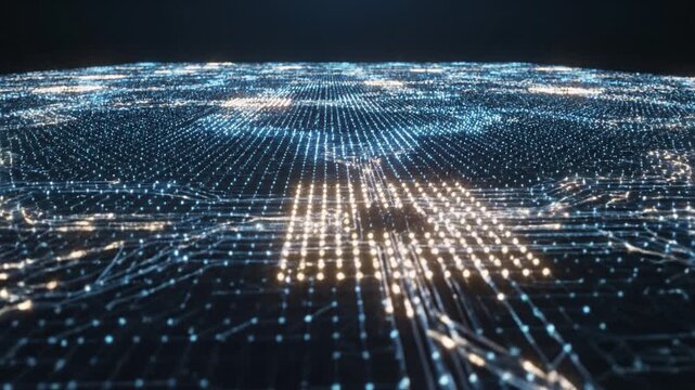 Digital network grid glowing nodes and connections showcasing futuristic technology system with data flow communication across illuminated blue and white lights in abstract virtual landscape pattern
