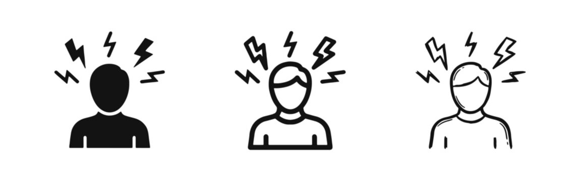 Stress and Mental Health Icon Set with Lightning Bolts around Head