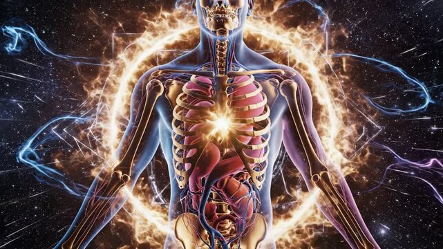 Human anatomy with glowing heart in space ideal for sleek commercial backgrounds and title sequences