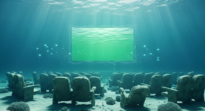 Underwater cinema with empty seats ocean.