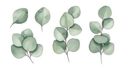 Obraz premium Grey eucalyptus leaves set isolated on white background, illustration
