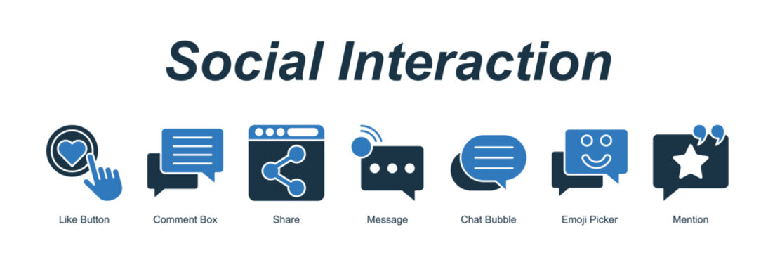 Social Interaction banner web icon vector illustration concept with an icon of Like Button, Comment Box, Share, Message, Chat Bubble, Emoji Picker, Mention  