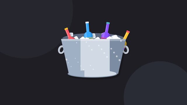 Stylized 2D Animation of Diverse Beverage Bottles Chilling in a Metal Ice Bucket for Celebration and Party Themes