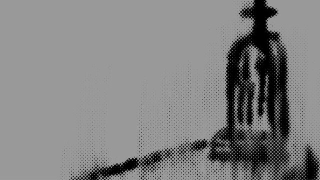 Creepy background featuring a hand drawn tombstone silhouette with dark halftone dots. Eerie horror aesthetic for edgy designs featuring grainy textures and mysterious urban street art style.