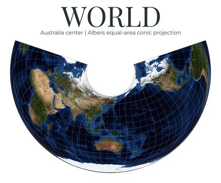 World map centered on Australia. Albers equal-area conic projection. Detailed physical map of Earth. April View. Elements of this image furnished by NASA.