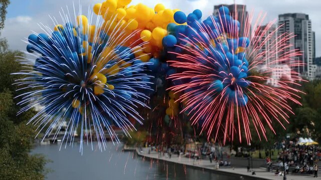 Vibrant Colombian national holiday festivity, colorful fireworks and balloons depicting flag colors, lively city skyline backdrop, festive riverfront crowds, joyous patriotic event