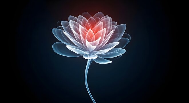 Glowing lotus flower illustration with transparent petals on black. Spiritual enlightenment and meditation concept. Luminous aquatic lily glowing with blue and orange light.