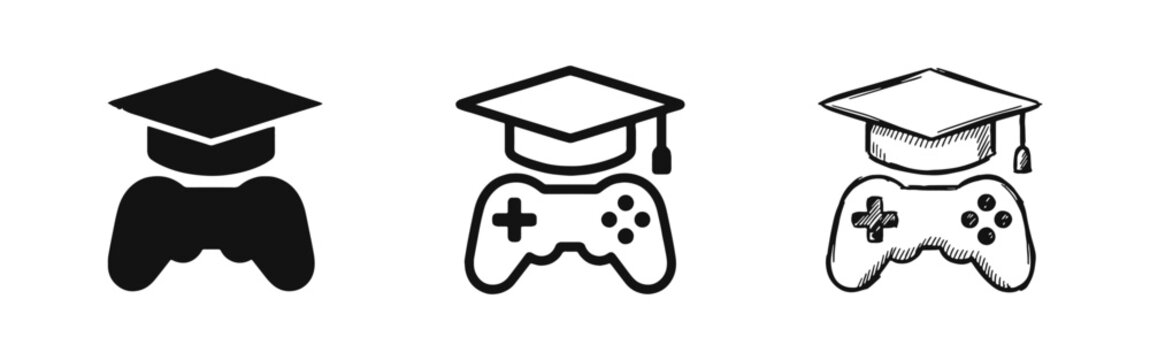 Graduation cap with game controller icon set for educational gaming and gamified learning concept