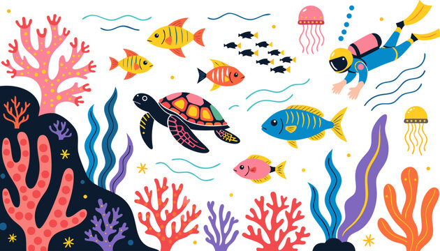 Vibrant Marine Life and Coral Reef Flat Vector Composition.eps