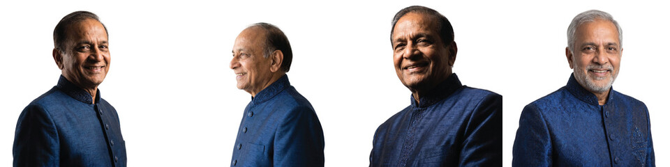 Fototapeta premium Indian businessman portraits in blue bandhgala suit, mature South Asian male professional, senior corporate executive headshots for business profiles isolated on Transparent Background