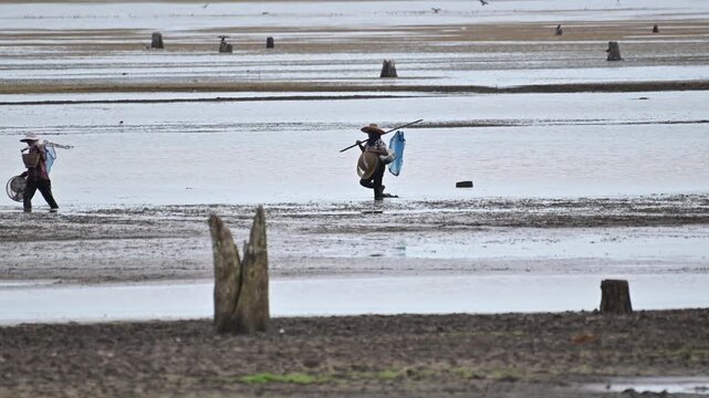 Locals Fishermans in the waterways during the dry season, while waterfowl also gather there to catch fish. Buriram, Thailand.
