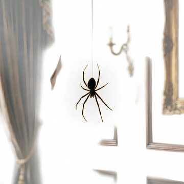 Black spider silhouette hanging in front of window.