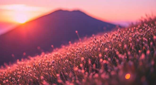 Wild flowers on mountain slope during sunset. Adventure travel and landscape photography. Golden hour light illuminating alpine meadow with mountain silhouette
