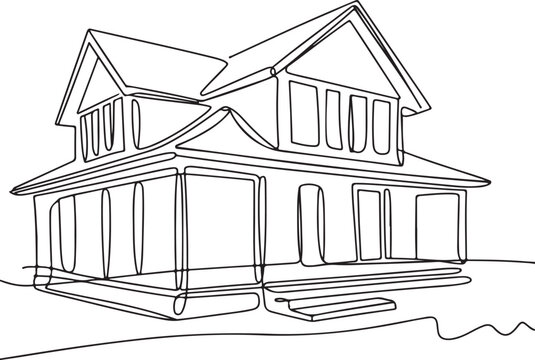One-line drawing of a modern house with porch and visible roofline
