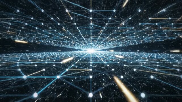 Digital network data visualization with glowing grid points and light lines converging dark space, futuristic technology concept showcasing abstract network structure and virtual reality connection