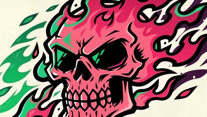 Naklejka premium Vibrant Street Art Graffiti Illustration of a Stylized Skull with Pink and Green Accents