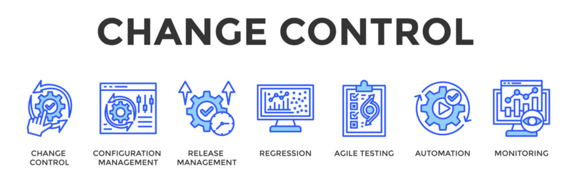Change Control  Banner Web  Icon Containing Change Control, Configuration Management, Release Management, Regression, Agile Testing, Automation, Monitor