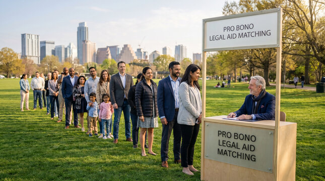 Retired judge volunteering with pro bono matching service at outdoor spring legal fair, wooden booth decorated with signage, diverse crowd o 3