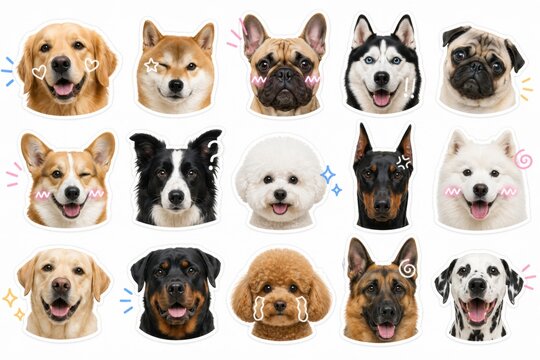 Collection of cute dog breed face illustrations in cute style. Adorable puppy portraits isolated for stickers, pet products, education, branding and prints.