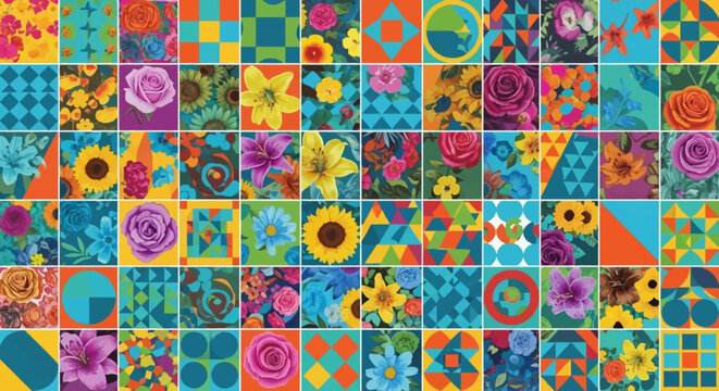 Colorful Floral and Geometric Quilt Pattern Grid