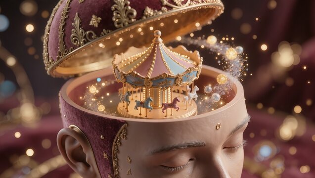 Conceptual Image of a Vintage Carousel Spinning inside a Human Head