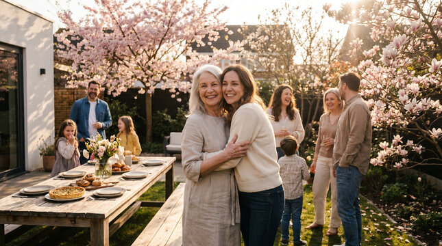 Grandmother and adult daughter embracing in sunlit backyard garden during Mother's Day brunch gathering, flowering spring trees in full bloo 3