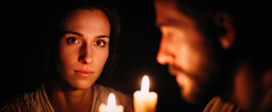 Man and woman face off by candlelight on Maundy Thursday embodying betrayal and tension.