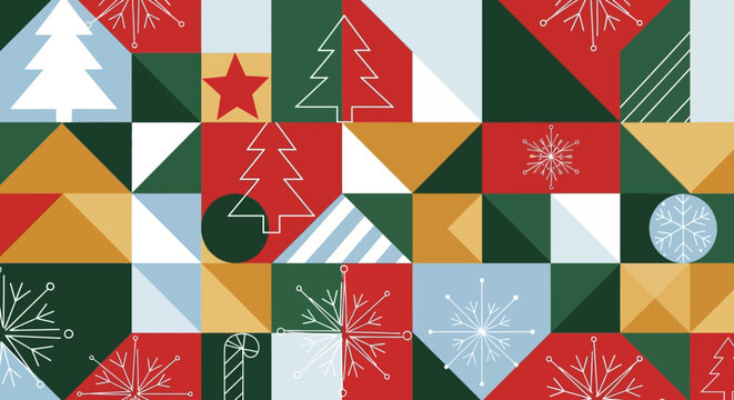Modern Geometric Christmas Pattern with Festive Holiday Icons